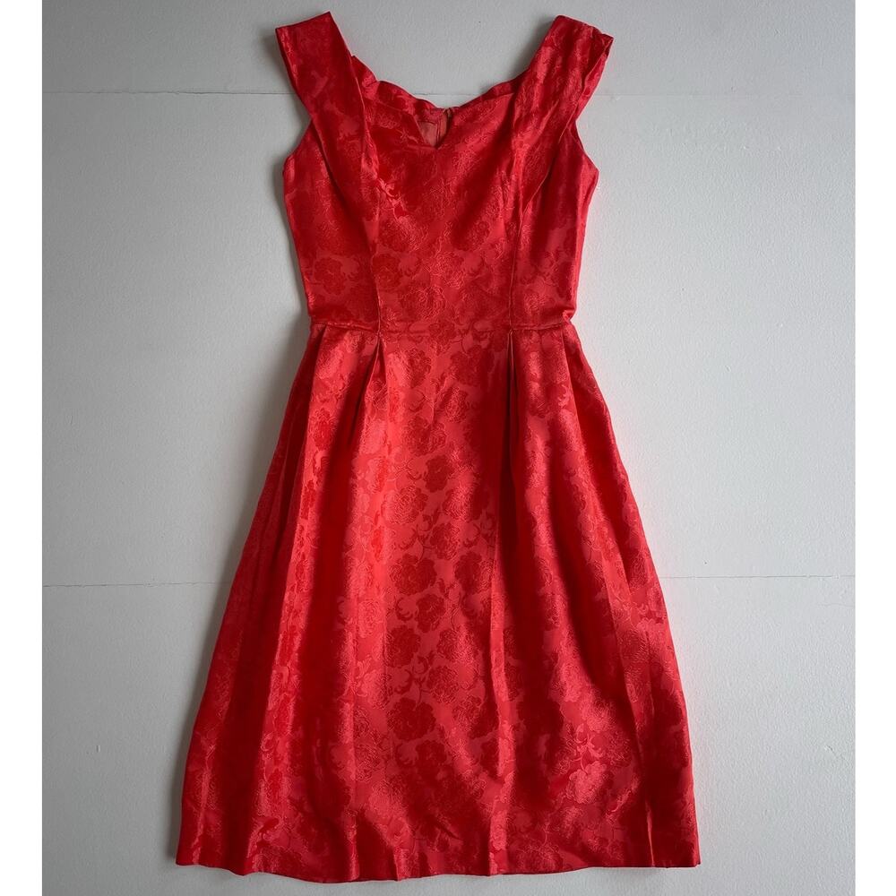 Vtg 60s Orange Red Floral Jacquard Sleeveless Shift Dress / Sz S Mod MCM Retro